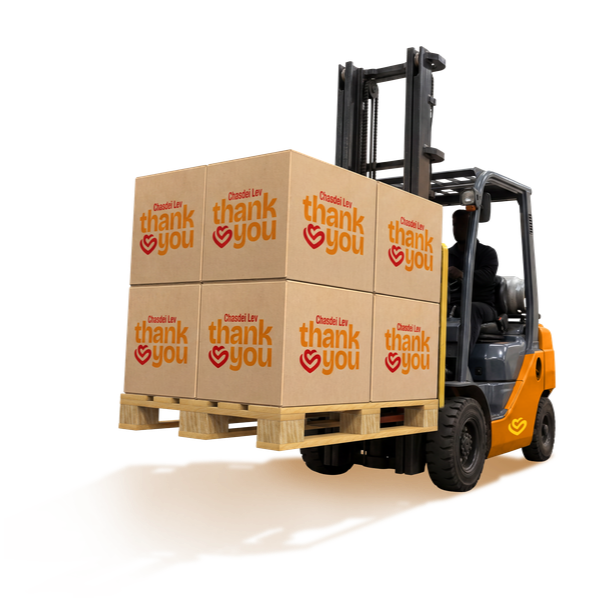 Forklift carrying thank-you boxes